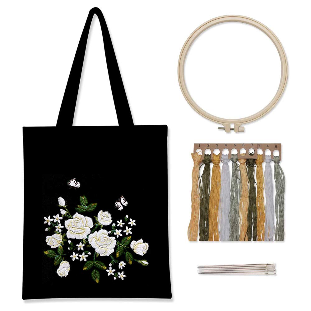 Kit de broderie Garvee avec tissu noir à motifs floraux, cadre en bambou, fils colorés, outils roses et blancs, sac de transport, cadeau de loisirs créatifs