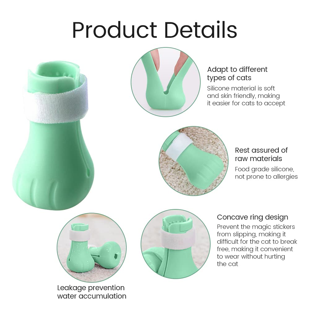 Garvee Protège-griffes pour chats, lot de 4, en silicone, réglables, verts, pour le toilettage et le bain des chats.