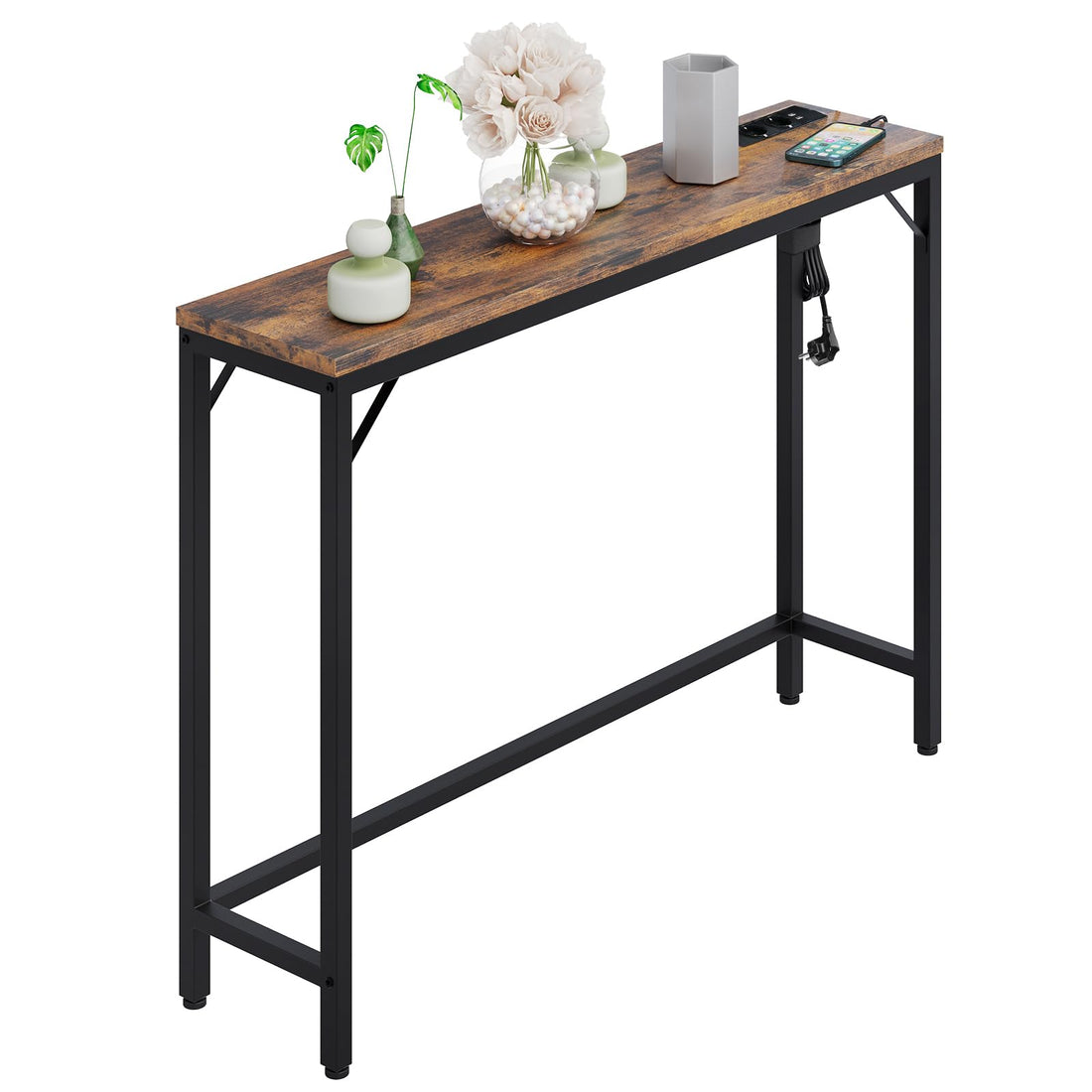 Console étroite Garvee avec port USB et prise de courant, bois et métal style vintage, pour entrée et salon, 100 x 23 x 80 cm