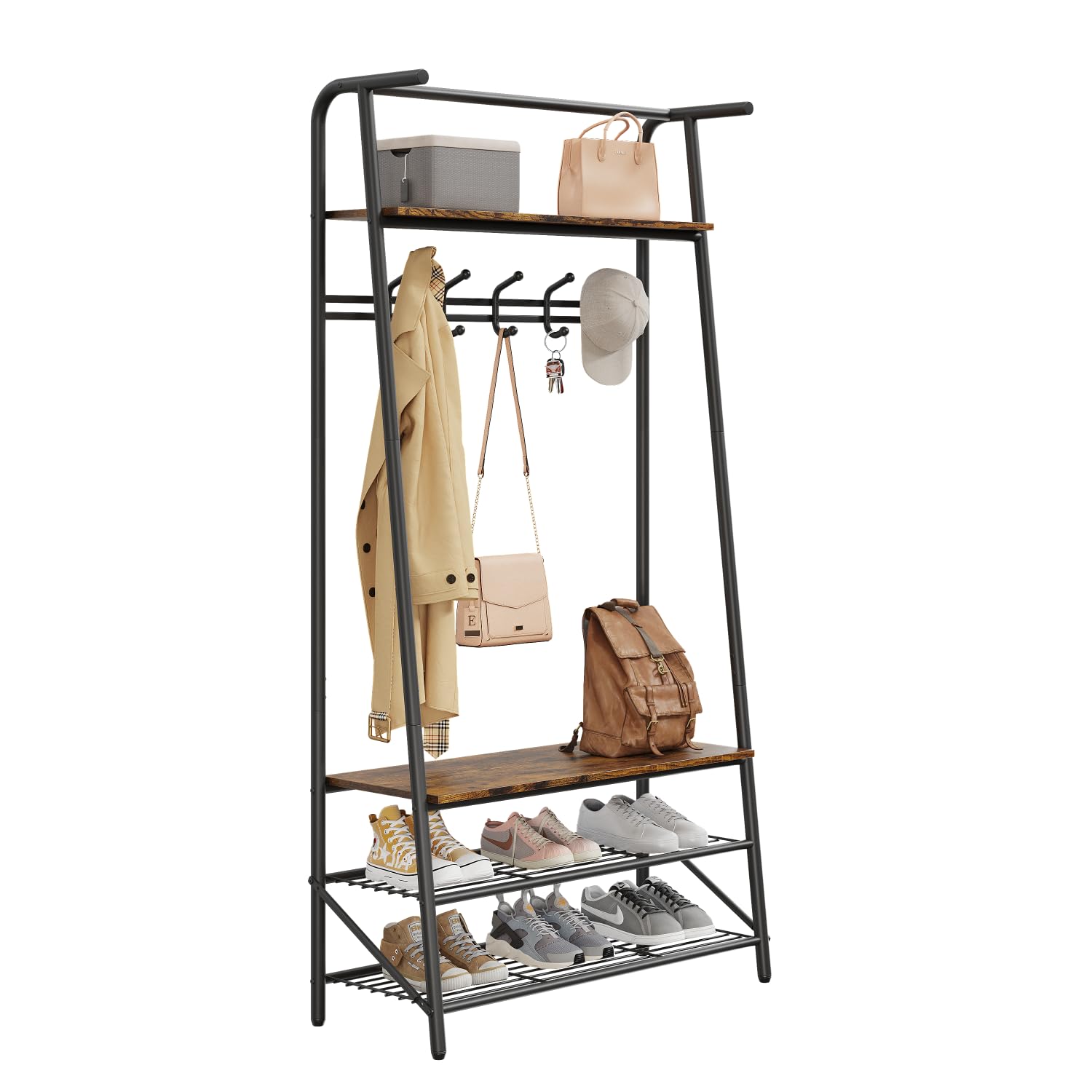 Porte-manteau et banc à chaussures Garvee 4 en 1 – Structure en métal aspect bois, 5 crochets et banc pour entrée et couloir