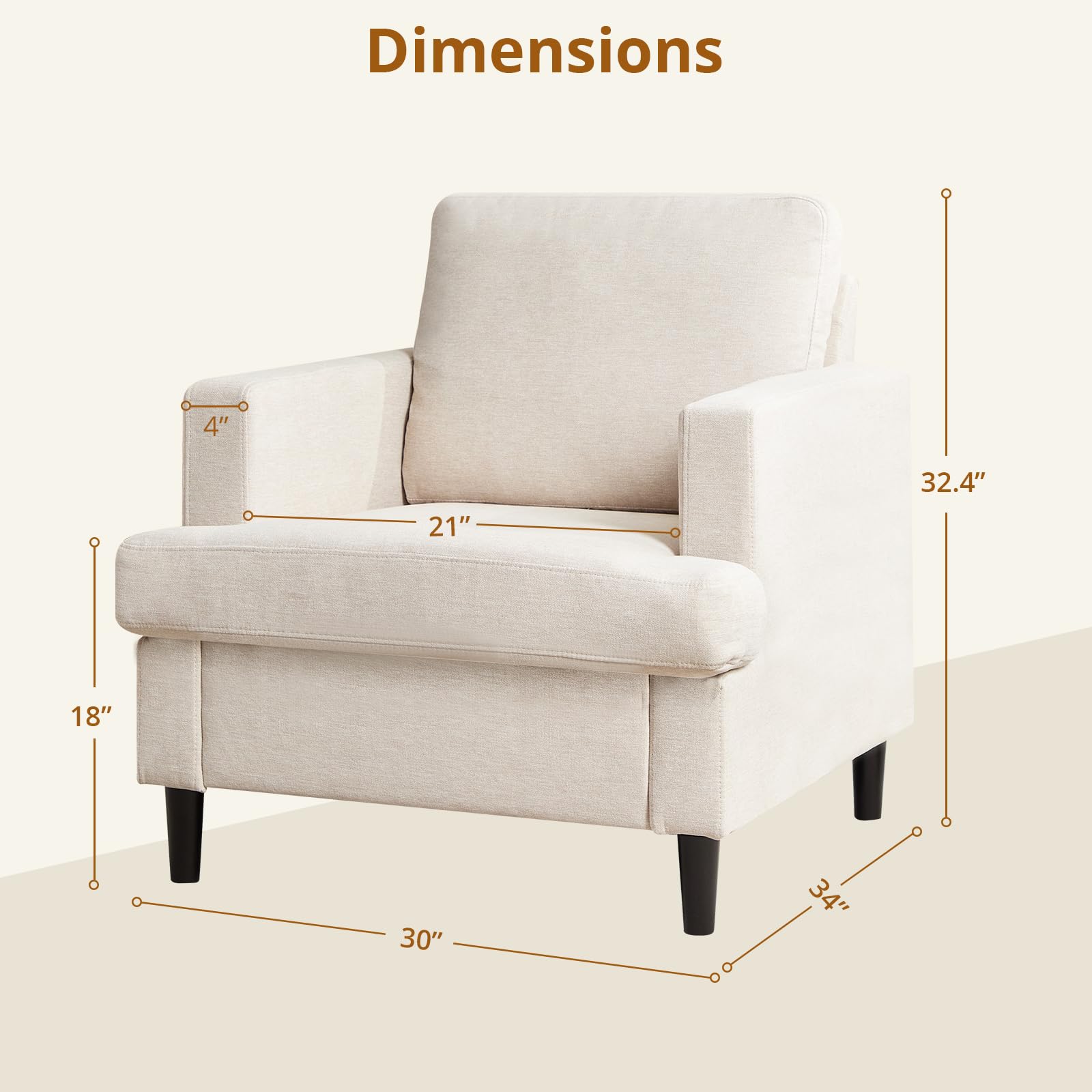 Fauteuil d'appoint Garvee style Mid-Century, revêtu de lin respirant, rembourré de façon moelleuse et doté de pieds en bois massif. Idéal pour le salon et le bureau. Design moderne et polyvalent, couleur beige.