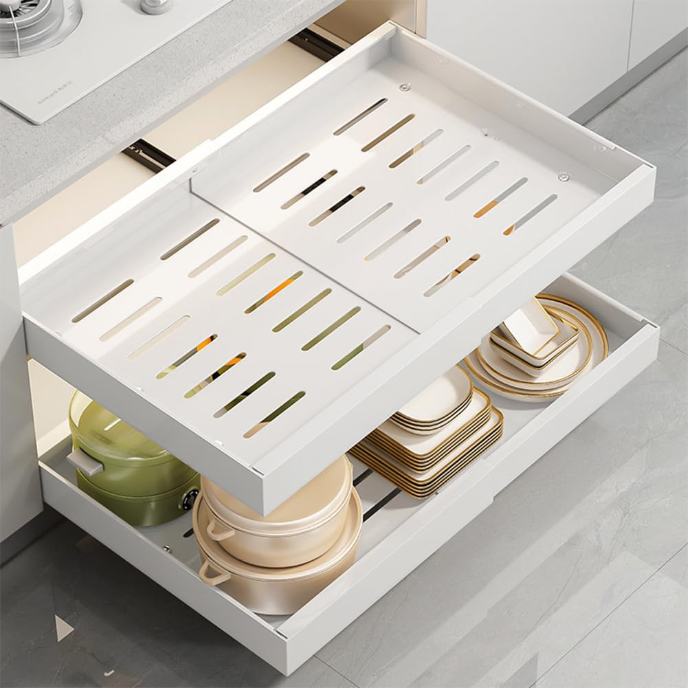 Organisateur de placard extensible Garvee, acier robuste, largeur ajustable, pour cuisine et salle de bain, fixation adhésive, bords lisses