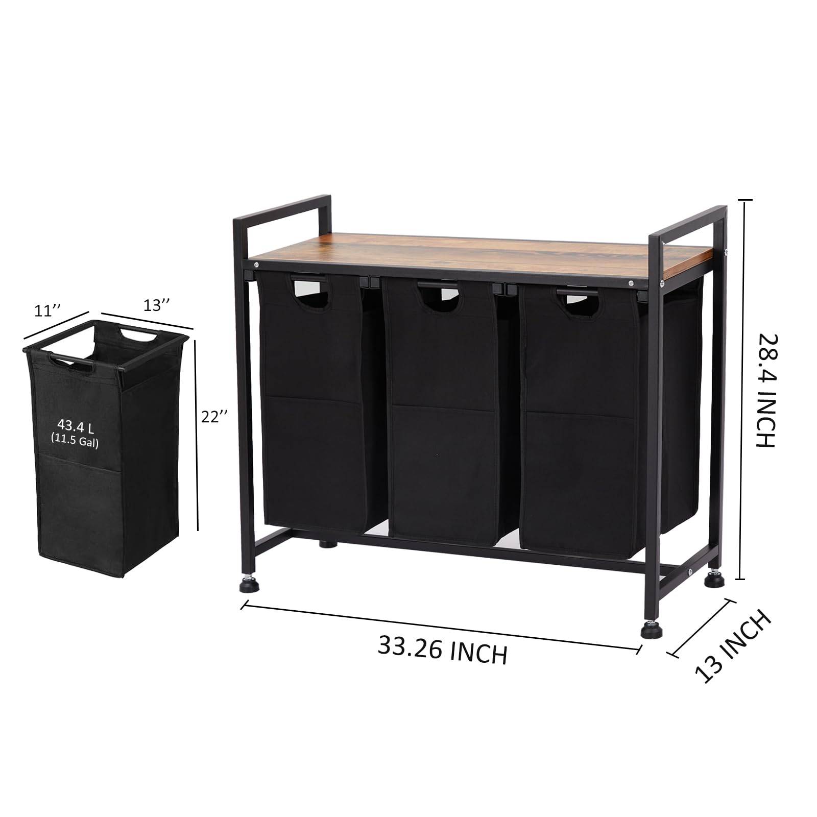 Panier à linge Garvee avec 3 poches amovibles, rangement pour salle de bain et chambre, 130 L, tissu Oxford et structure en bois et métal