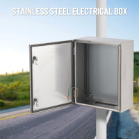 Boîte de jonction électrique étanche Garvee IP65 en acier inoxydable 304 pour usage extérieur, avec couvercle à charnière et joint en caoutchouc.