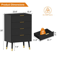 Commode moderne Garvee à 5 tiroirs avec pieds en métal et poignées dorées, idéale pour la chambre et le salon. Structure en MDF, imperméable et stable. Finition dorée élégante.