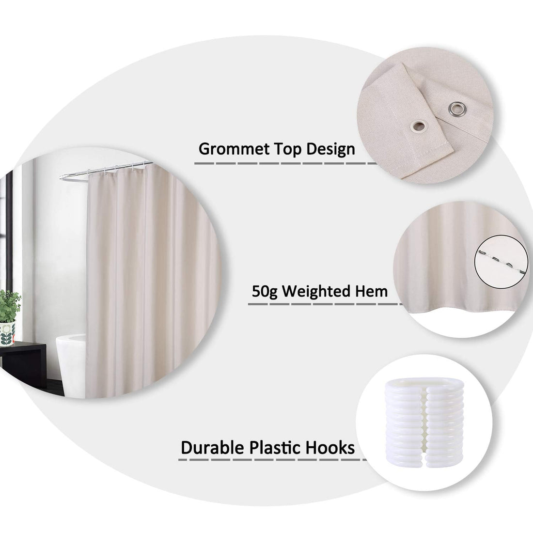 Garvee Rideau de douche , aspect lin 240 g/m², 180 × 200 cm, ivoire, avec crochets
