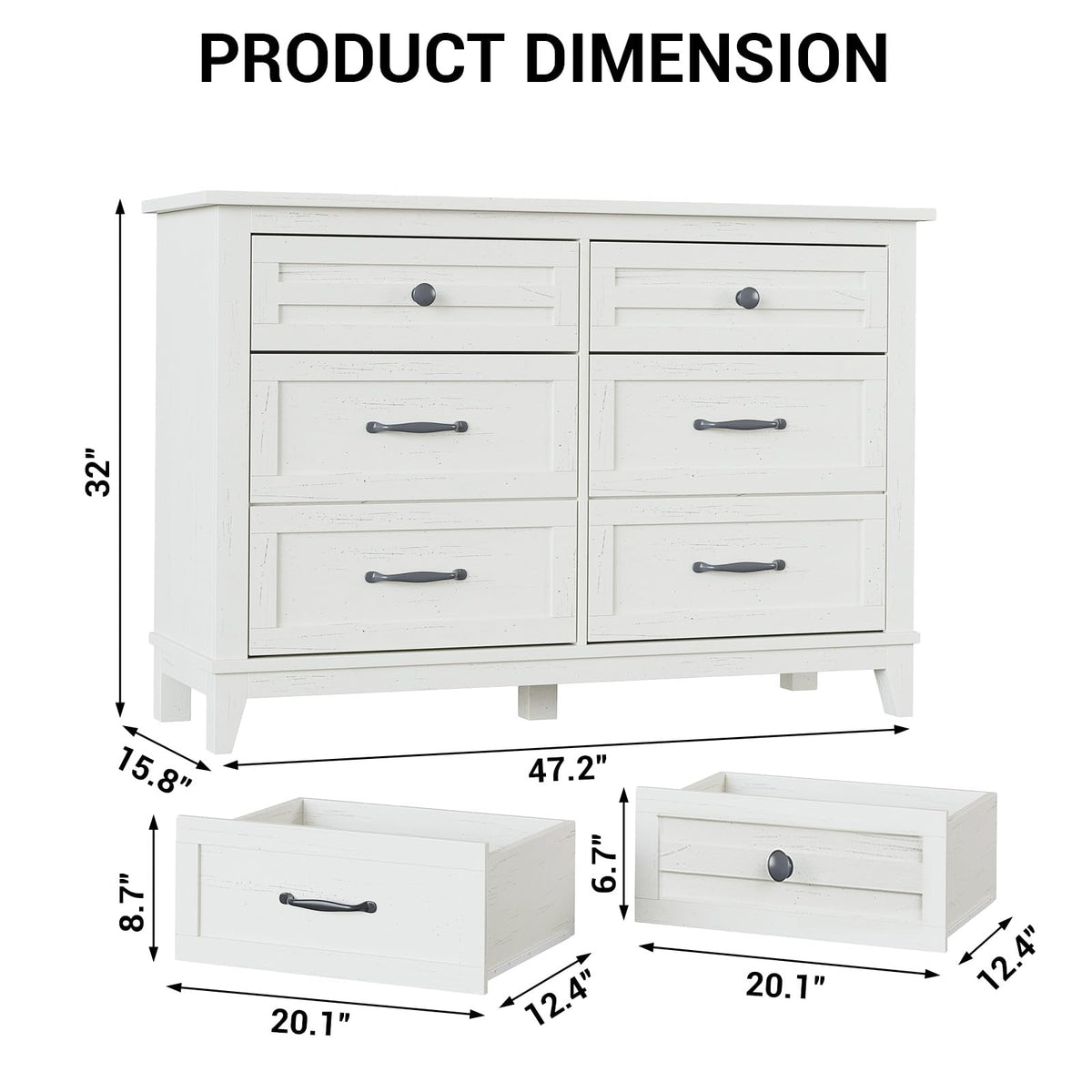 Garvee Commode Farmhouse à 6 tiroirs, en bois blanc, robuste, offrant un grand espace de rangement pour la chambre, le salon ou le couloir
