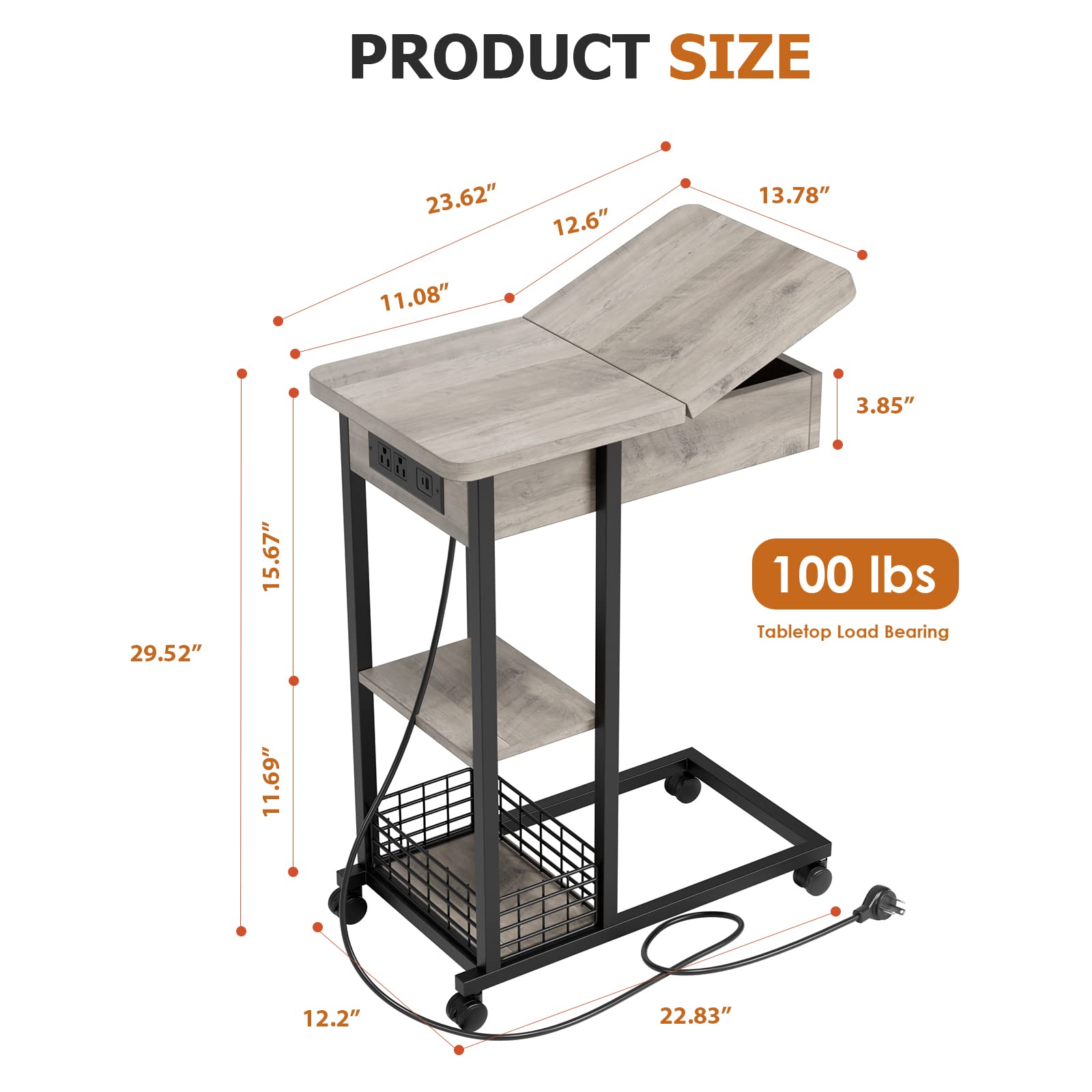 Table d'appoint Garvee en forme de C avec station de charge, ports et prises USB, rangement à 3 niveaux, mélamine grise pour salon et chambre