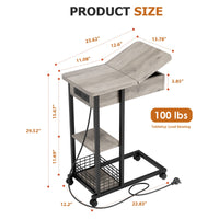 Table d'appoint Garvee en forme de C avec station de charge, ports et prises USB, rangement à 3 niveaux, mélamine grise pour salon et chambre