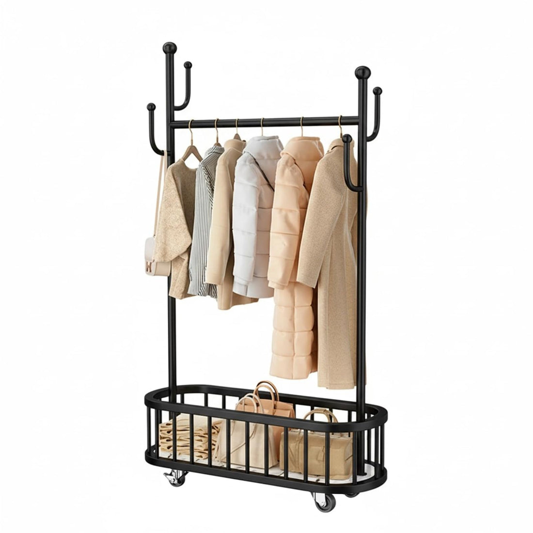 Portant à vêtements mobile Garvee avec roulettes et panier, en métal, roulettes pivotantes à 360°, grand espace de rangement, pour chambre et bureau, noir, 100 x 175 cm
