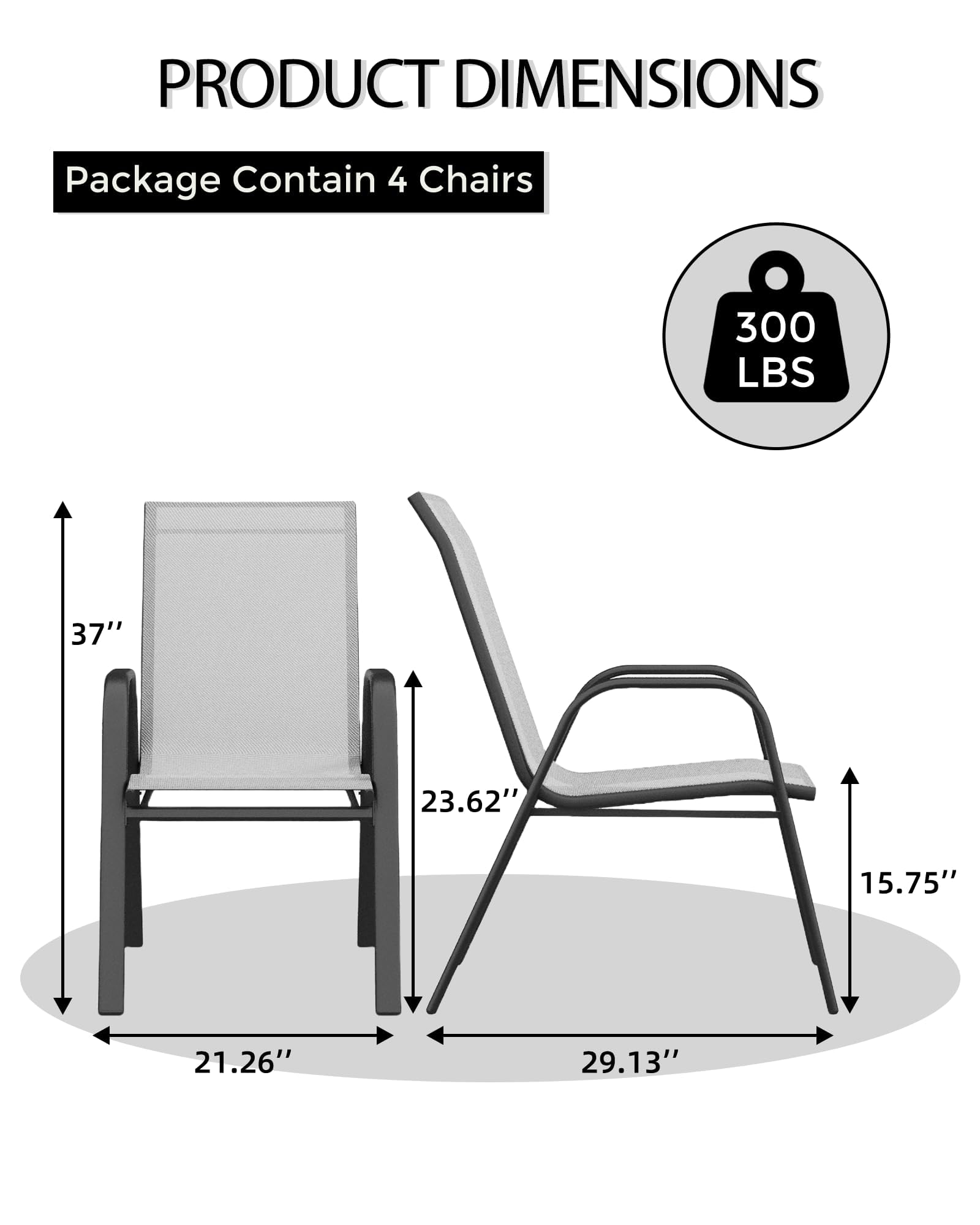 Ensemble de 4 chaises de jardin empilables Garvee avec structure en métal et revêtement en textilène, noires, gain de place, pour terrasse et jardin.