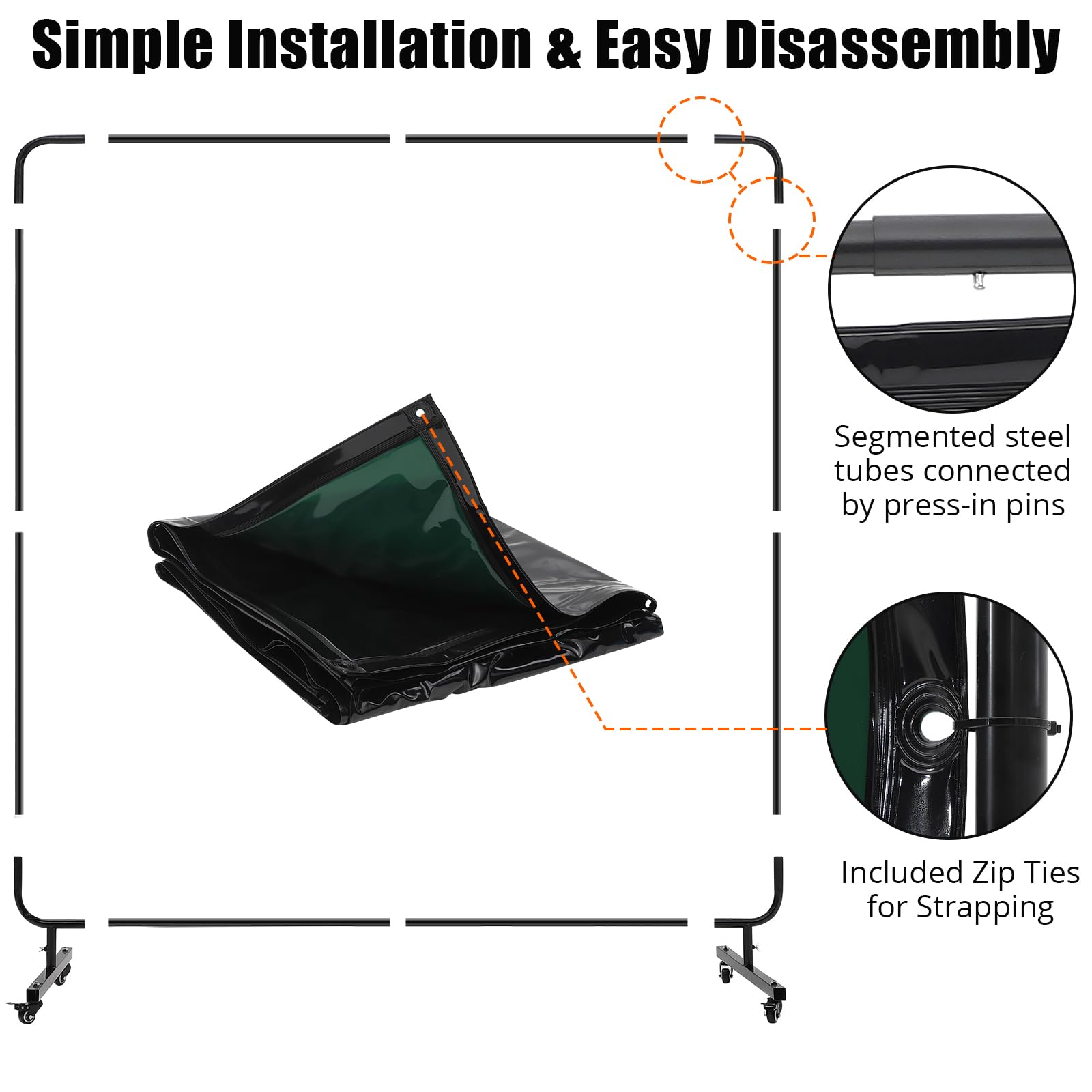 Écran de soudage Garvee à 3 panneaux de 1,8 x 1,8 m avec cadre en acier et PVC transparent pour ateliers et garages, vert, ignifugé, portable