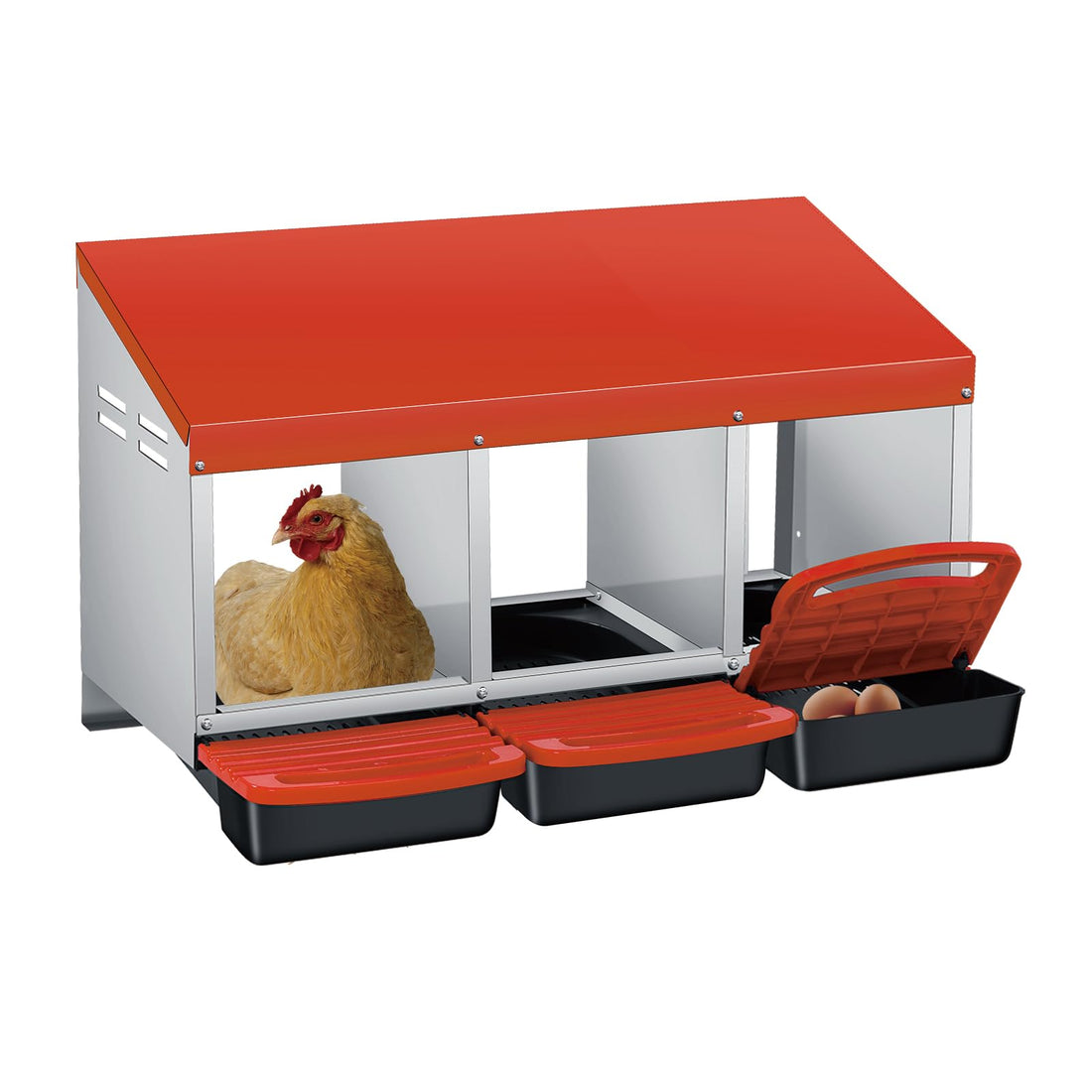 Garvee Nichoir à Poules 3 Compartiments en Métal Galvanisé avec Poignée en Plastique, Plateau Amovible, pour Poulailler et Ferme, Orange