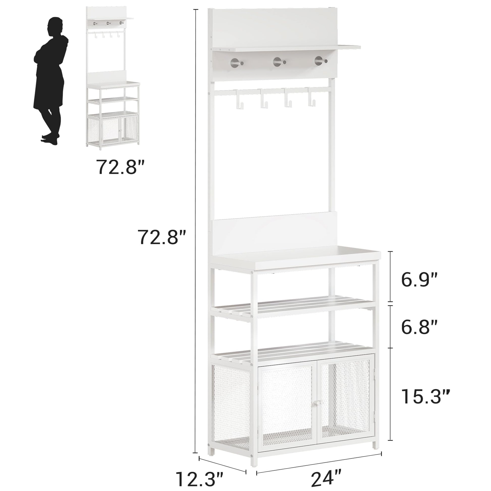 Armoire-penderie Garvee Hall Tree avec portes, blanche, 185 cm - 7 crochets et étagère à chaussures pour couloir, chambre, entrée - MDF et métal - Pieds anti-basculement et réglables