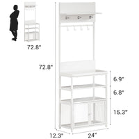 Armoire-penderie Garvee Hall Tree avec portes, blanche, 185 cm - 7 crochets et étagère à chaussures pour couloir, chambre, entrée - MDF et métal - Pieds anti-basculement et réglables