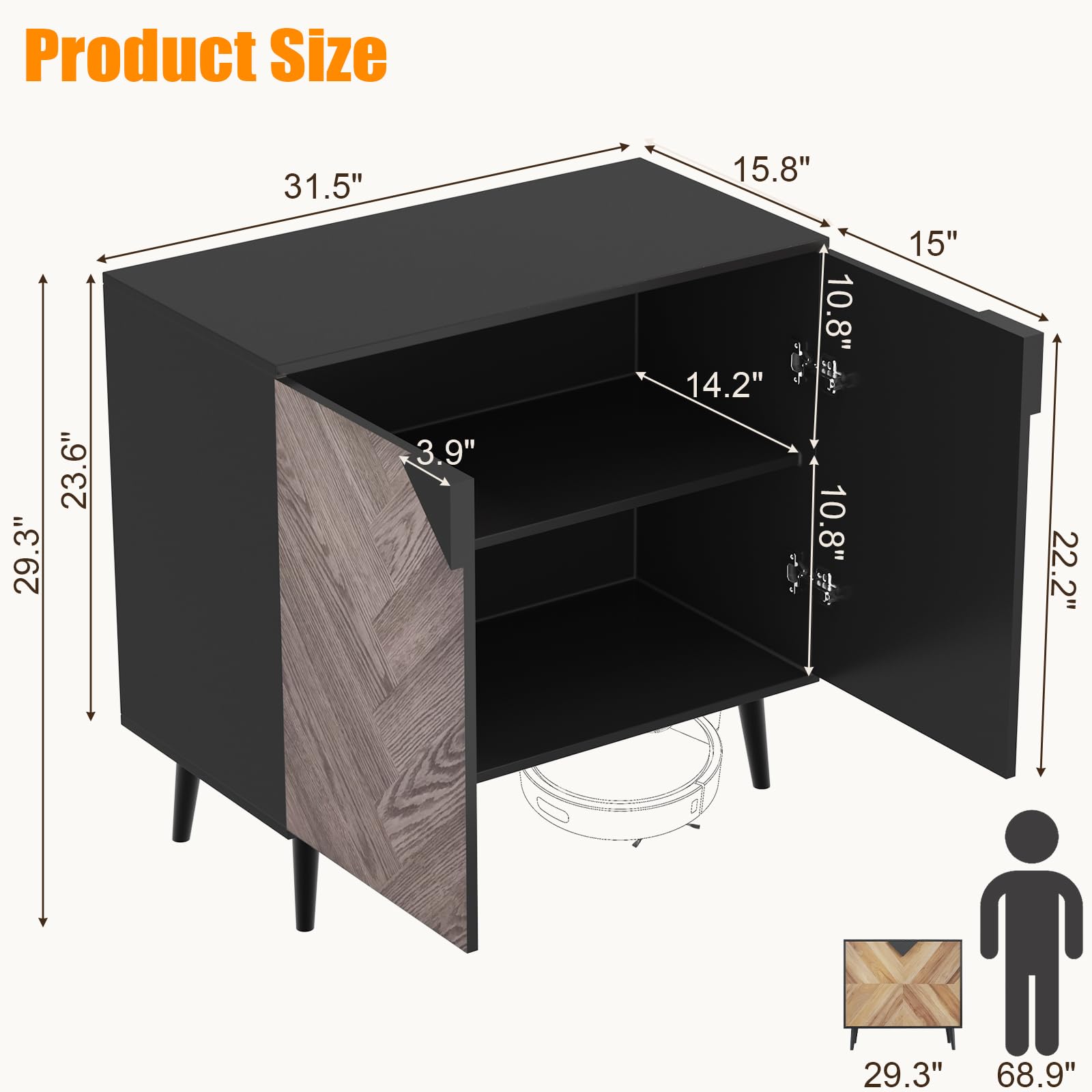 Buffet/meuble de rangement d'appoint moderne Garvee, avec portes, aspect bois, noir-gris, 80 cm, salle à manger, couloir