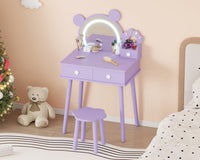 Ensemble coiffeuse pour enfants Garvee avec lumière LED, miroir ours, rangement, bois MDF, violet, pour chambre et salle de jeux