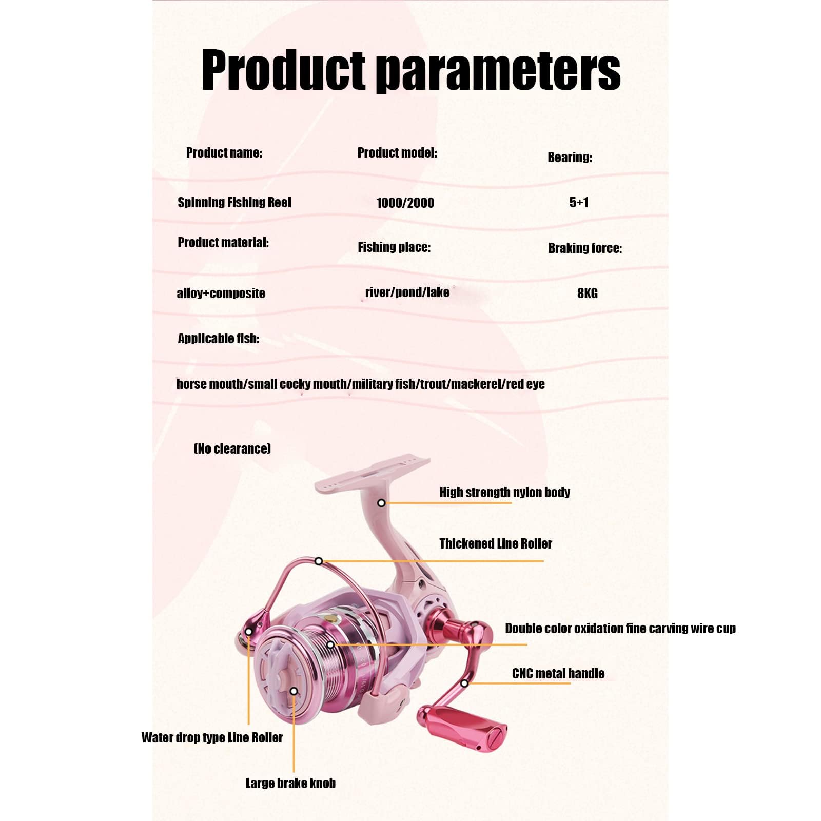Moulinet de pêche Garvee DX2000S rose, léger et entièrement métallique, pour femmes, eau douce et eau salée, ratio 5.2:1, puissance de freinage 8 kg
