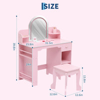 Coiffeuse Garvee pour enfants avec lumière LED, tabouret et étagère, en MDF rose, pour filles de 3 à 9 ans, chambre et salle de jeux