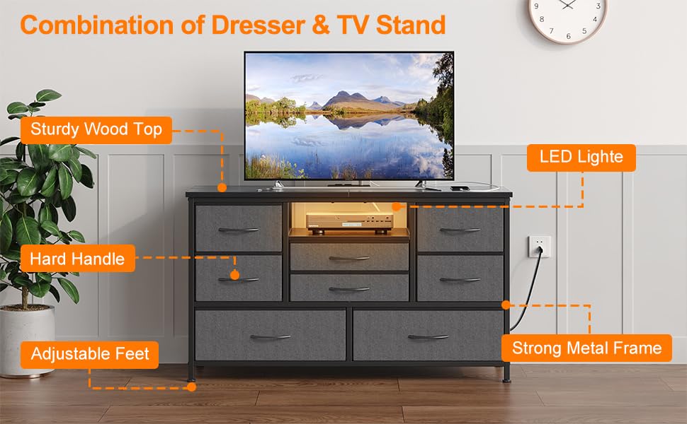 Garvee commode à 8 tiroirs, structure en métal, éclairage LED, 3 prises électriques, 2 ports USB, idéale pour la chambre et le salon, 121 × 37 × 76 cm, gris