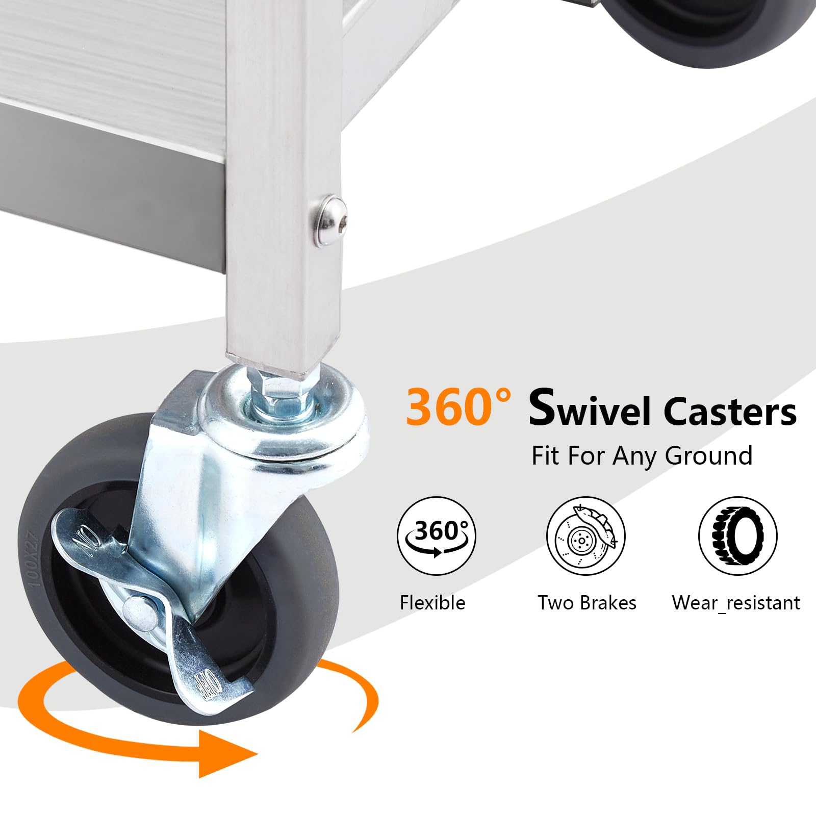 Garvee Chariot de service pliable en acier inoxydable - portable, 3 étagères, avec frein, capacité de charge de 200 kg, argent