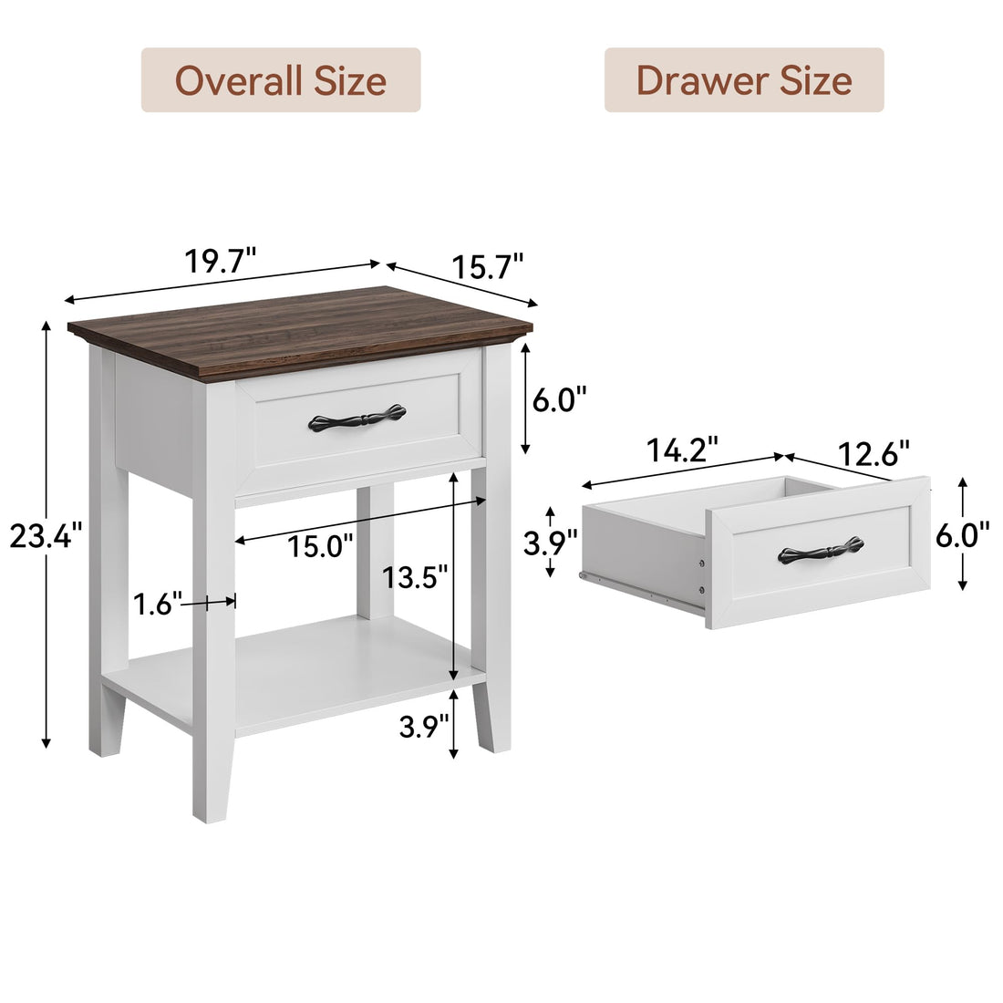 Garvee table d'appoint avec tiroir, 2 étagères, bois, blanche, pour le salon et la chambre