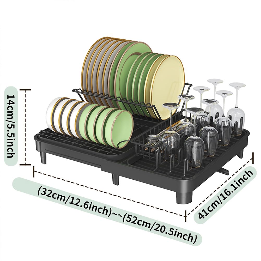 Égouttoir à vaisselle Garvee en acier inoxydable au carbone avec bac d'égouttage et porte-couverts pour petites cuisines, noir, extensible de 32 à 52 cm