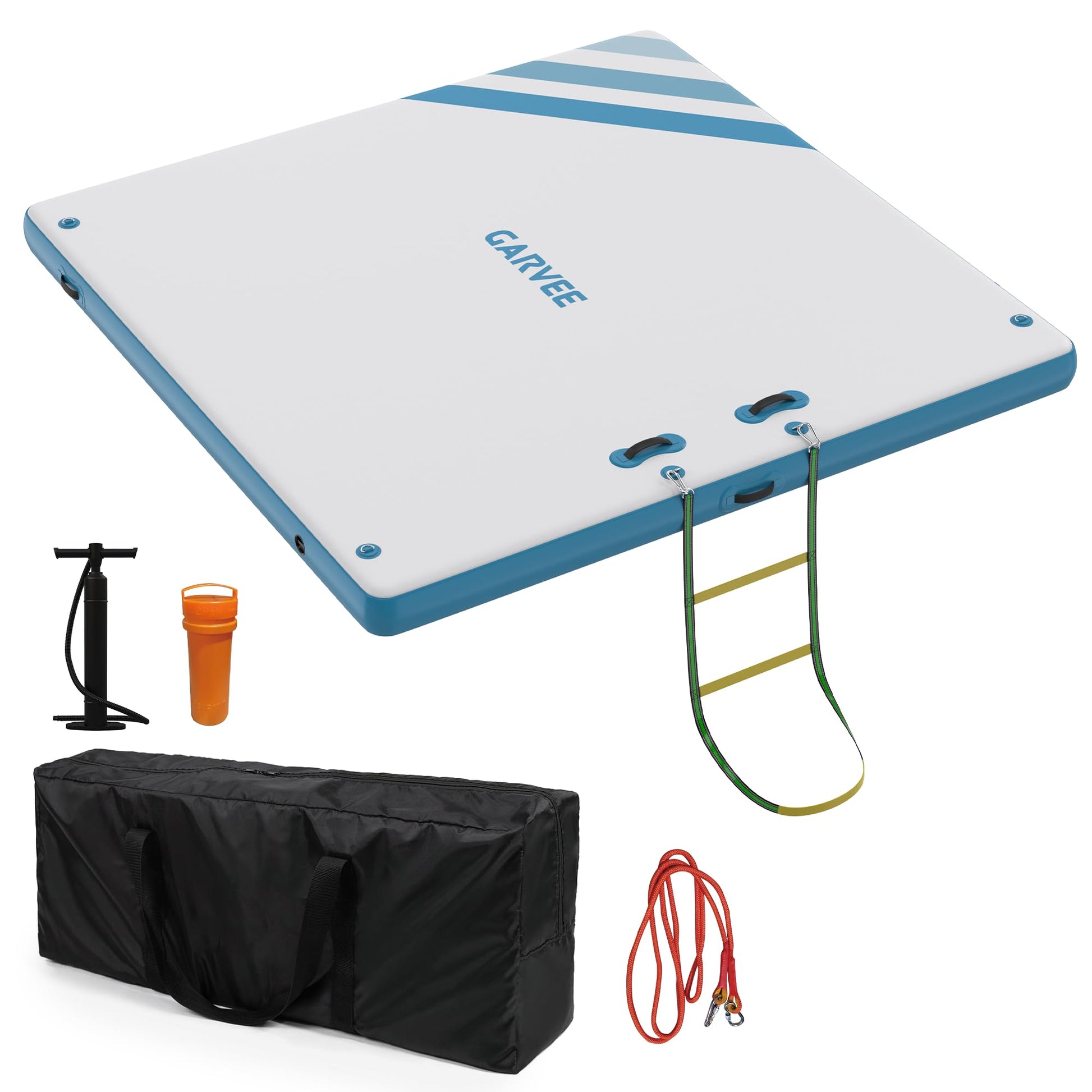 Garvee Ponton Flottant Gonflable 183 × 152 cm, Plateforme Aquatique en PVC avec Échelle et Surface Antidérapante, pour Mer et Piscine, Blanc et Bleu