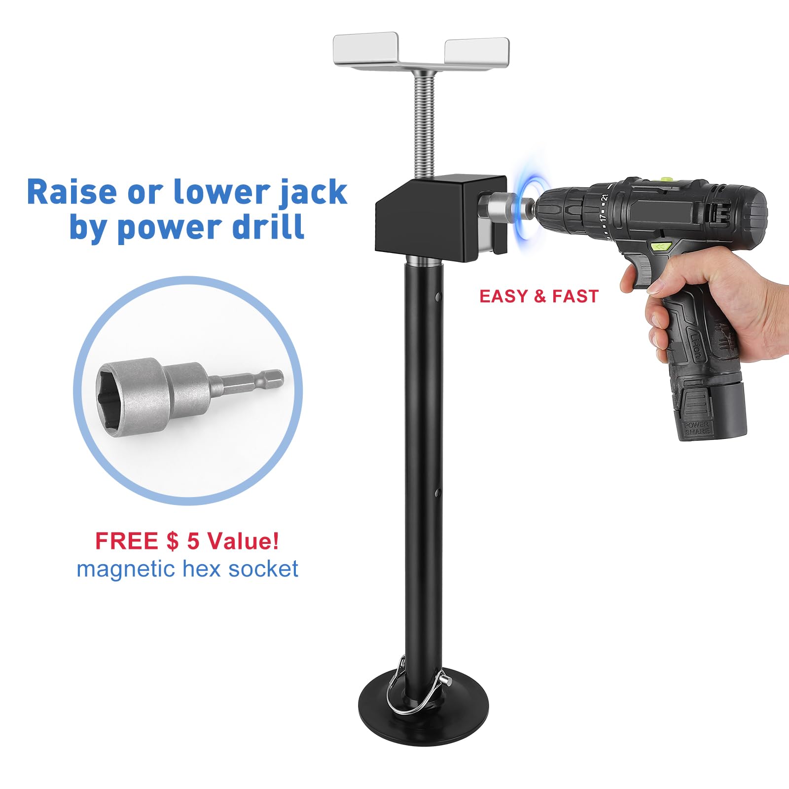 Garvee Lot de 2 béquilles stabilisatrices pour caravane et remorque, supports en acier antirouille, capacité 2 270 kg, hauteur réglable 53–87 cm, utilisation avec perceuse ou manivelle