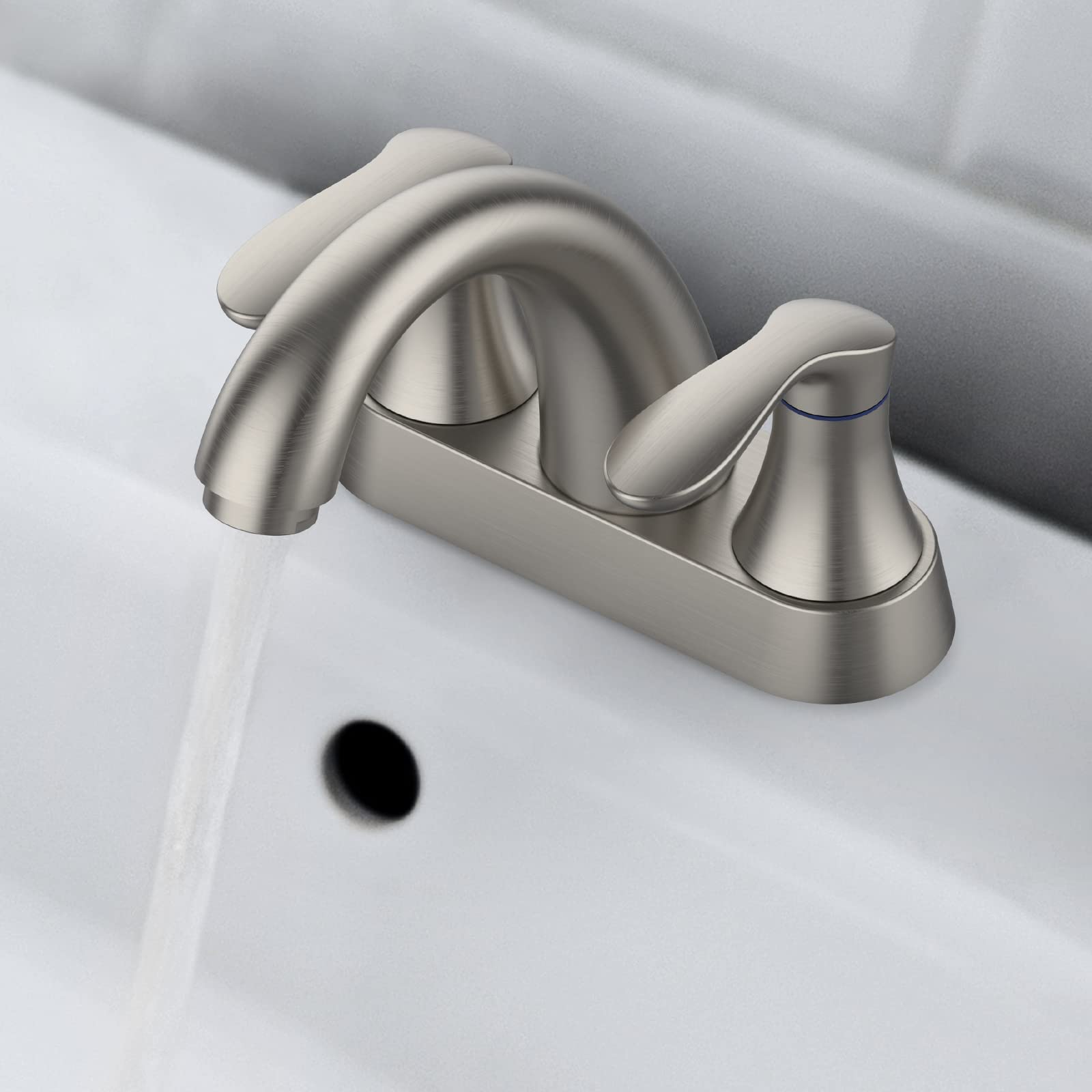 Robinet de salle de bain Garvee de 10 cm (4 po), valve en céramique, fini nickel brossé, double poignée, bonde escamotable, installation facile