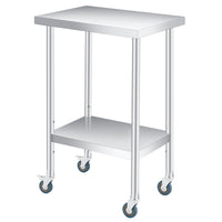 Table de travail Garvee en acier inoxydable 61 x 30,5 cm, épaisseur 0,8 mm, capacité de charge 300 kg, étagère réglable, 4 roulettes, résistante aux rayures, idéale pour la restauration et les ateliers.