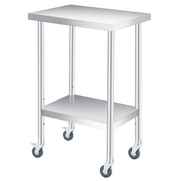 Table de travail Garvee en acier inoxydable 61 x 30,5 cm, épaisseur 0,8 mm, capacité de charge 300 kg, étagère réglable, 4 roulettes, résistante aux rayures, idéale pour la restauration et les ateliers.