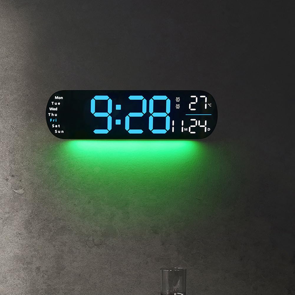 Horloge murale numérique LED Garvee 35 cm, grand écran, 9 niveaux de luminosité, affichage de la température, fonction mémoire, bleue, pour la cuisine et le bureau