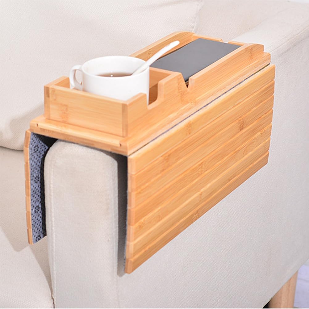 Plateau d'accoudoir de canapé Garvee, en bois, avec porte-gobelet amovible pour salon, pliable 3 en 1 en bambou naturel