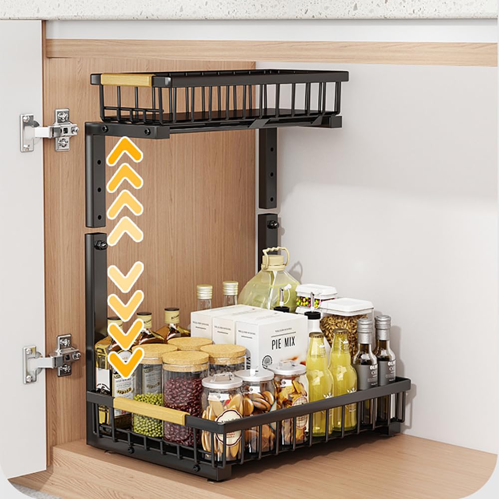 Garvee Organisateur sous évier en forme de L avec étagère coulissante à 2 niveaux pour cuisine et salle de bain, hauteur réglable, antirouille, acier au carbone, Blanc