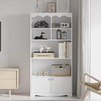 Garvee Bibliothèque blanche 5 niveaux avec étagères ouvertes et portes, meuble de rangement moderne en bois, hauteur 160cm, pour bureau