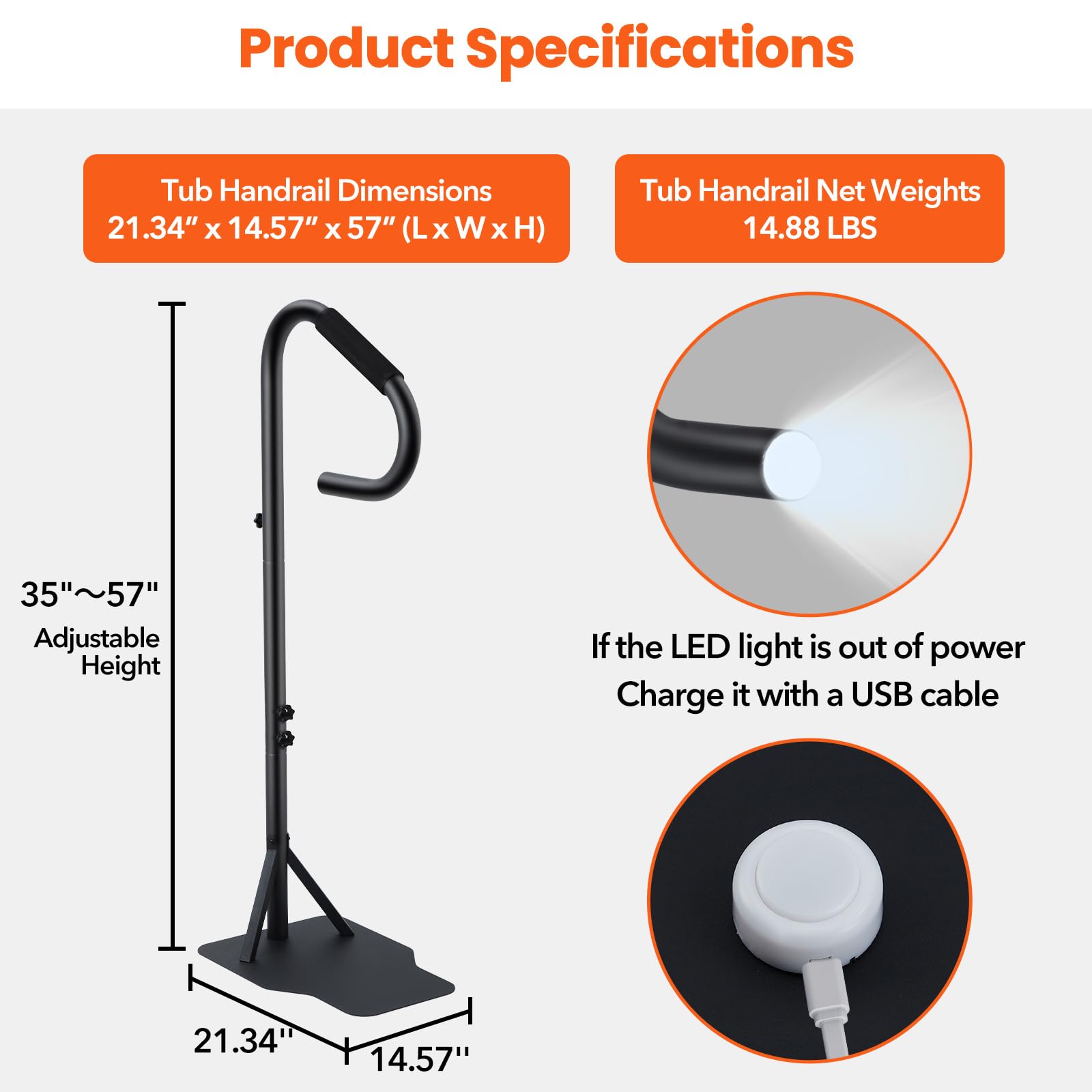 Rambarde de spa Garvee avec éclairage LED, rotative à 360°, réglable en hauteur de 35 à 57 pouces, en acier au carbone, revêtement antidérapant, porte-serviettes, pour une utilisation intérieure et extérieure.