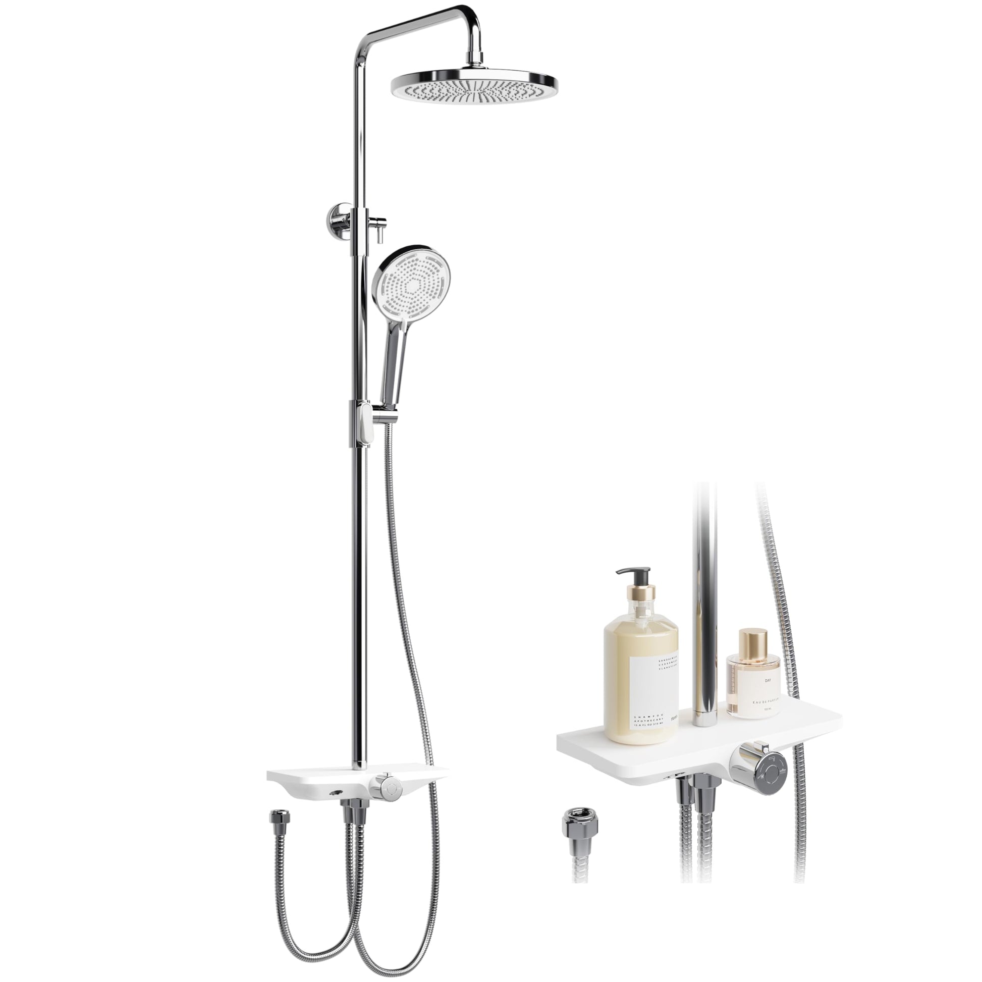 Garvee Colonne de douche réglable 98–130 cm en acier inoxydable 201, pommeau 25 cm, douchette 3 jets, tablette 27 cm, installation facile, chrome et blanc