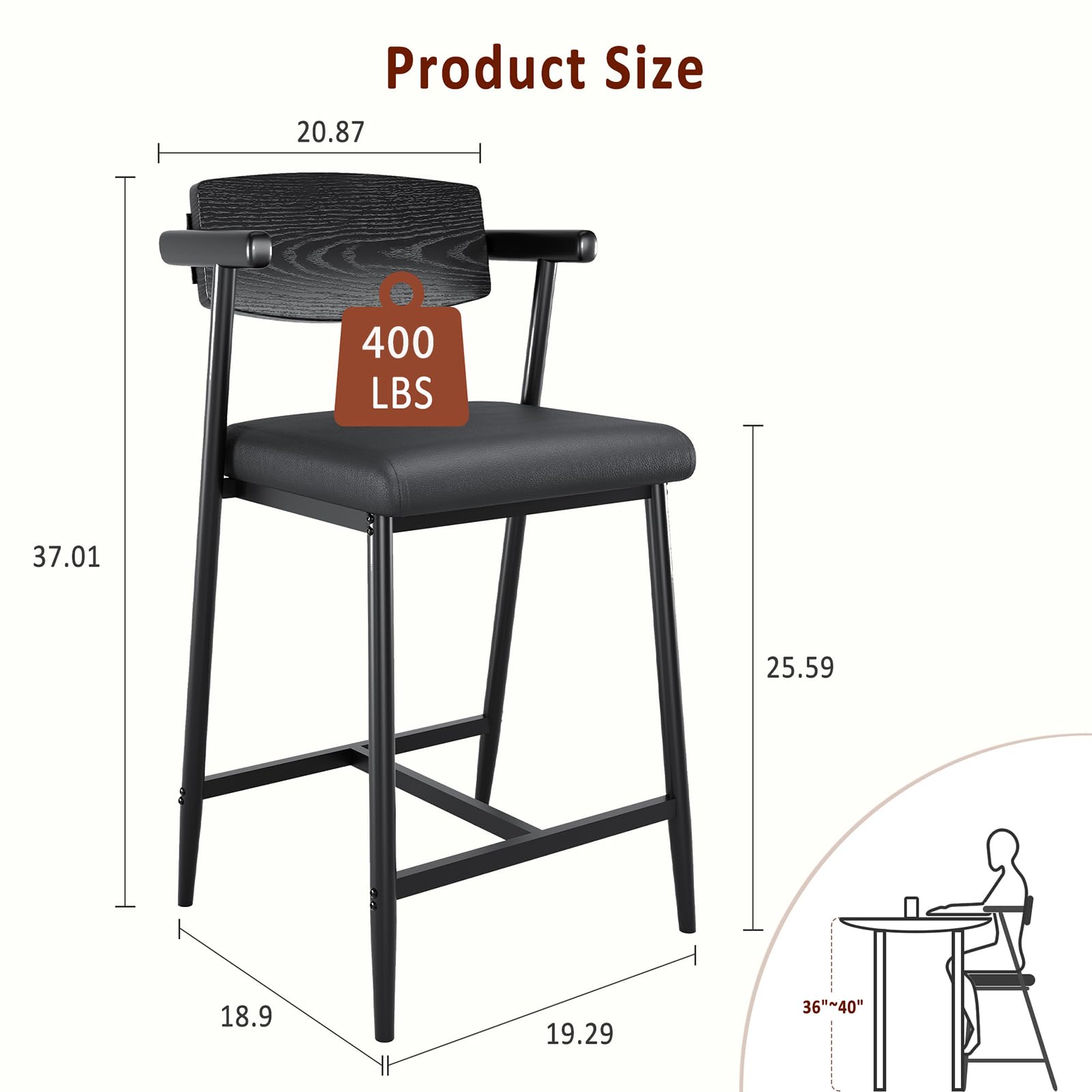 Garvee Tabourets de bar hauts avec accoudoirs et dossier, assise rembourrée, structure métallique robuste, pour cuisine et bar, gris et marron