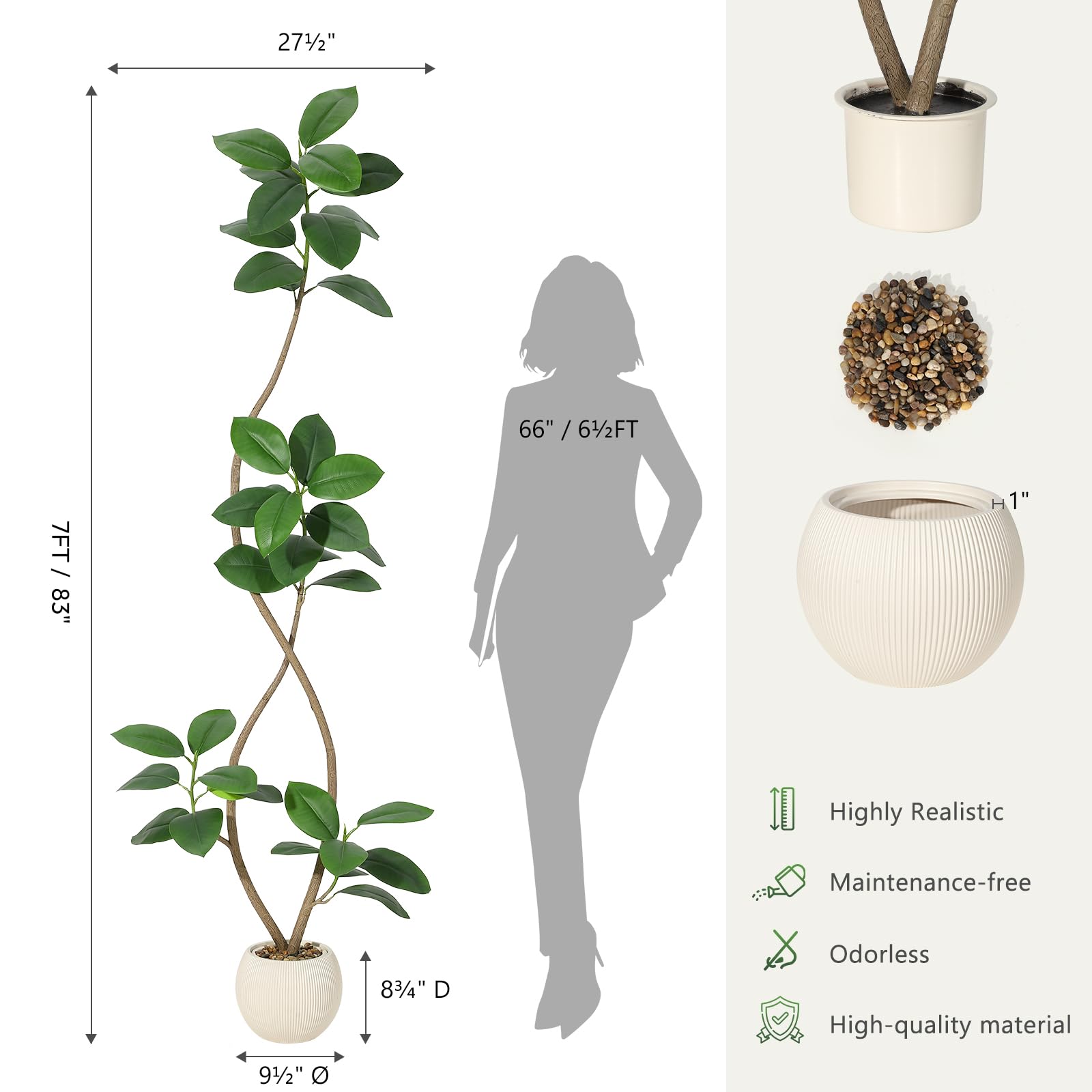 Garvee Ficus Lyrata artificiel 210 cm, pot beige avec pierres, plante réaliste sans entretien, résistant aux UV, maison et bureau