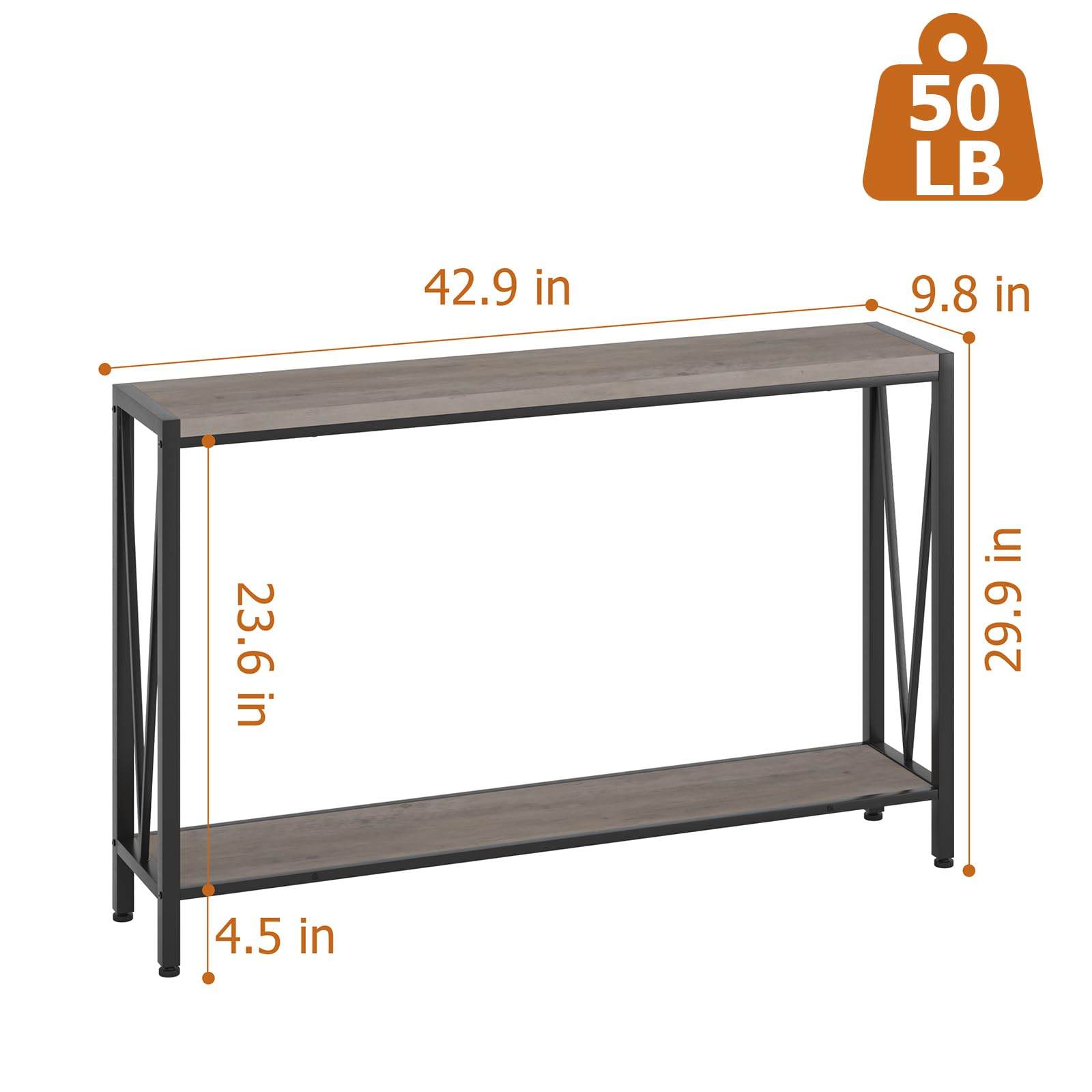 Garvee Console d’entrée industrielle 2 niveaux, table étroite 109 cm avec rangement, design en V, idéale pour entrée, salon et couloir, gris.