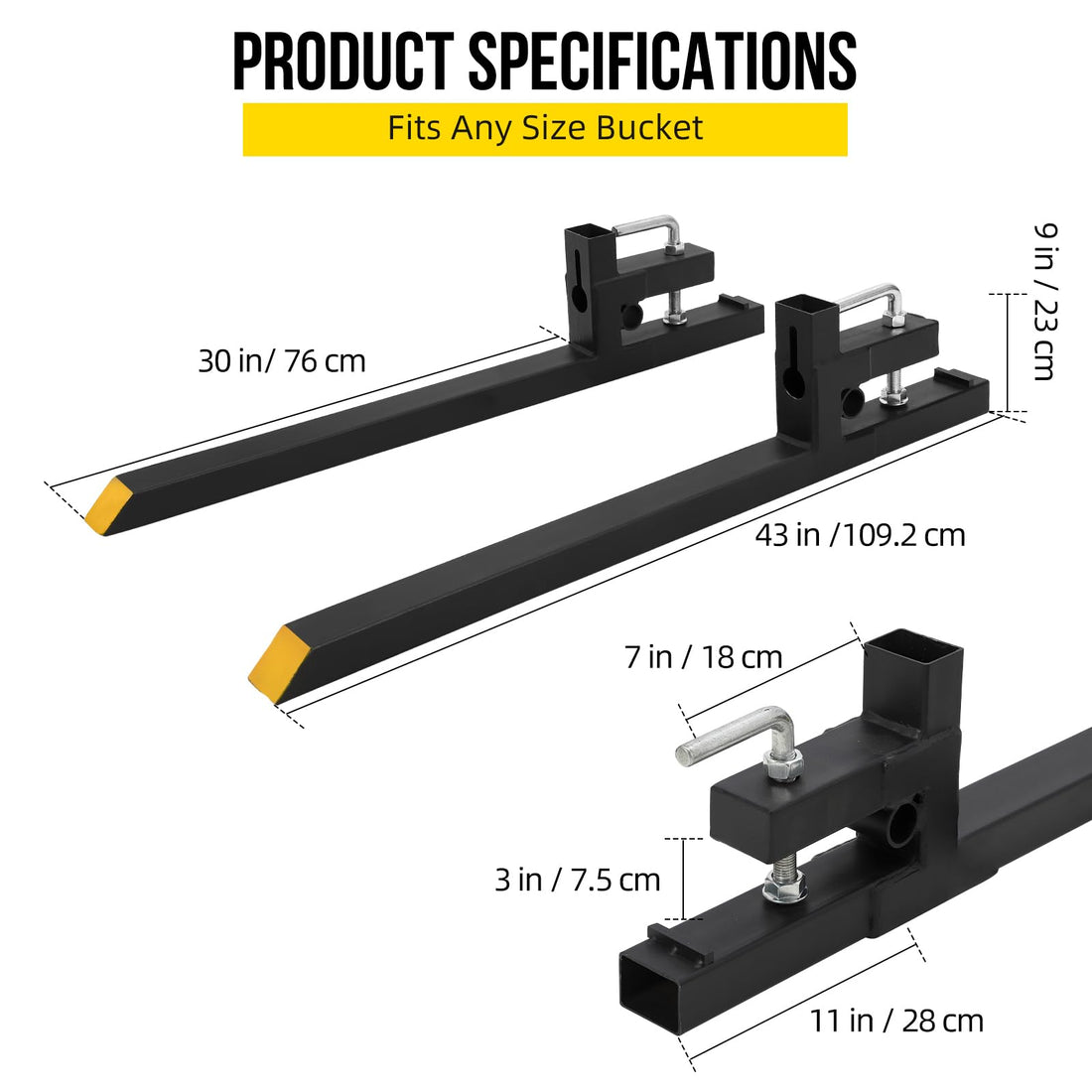 Garvee Fourches à palettes 109 cm, capacité de charge 1 134 kg, fixation rapide, stabilisateur réglable pour tracteurs et chargeuses, tube en acier noir, idéales pour construction et agriculture.
