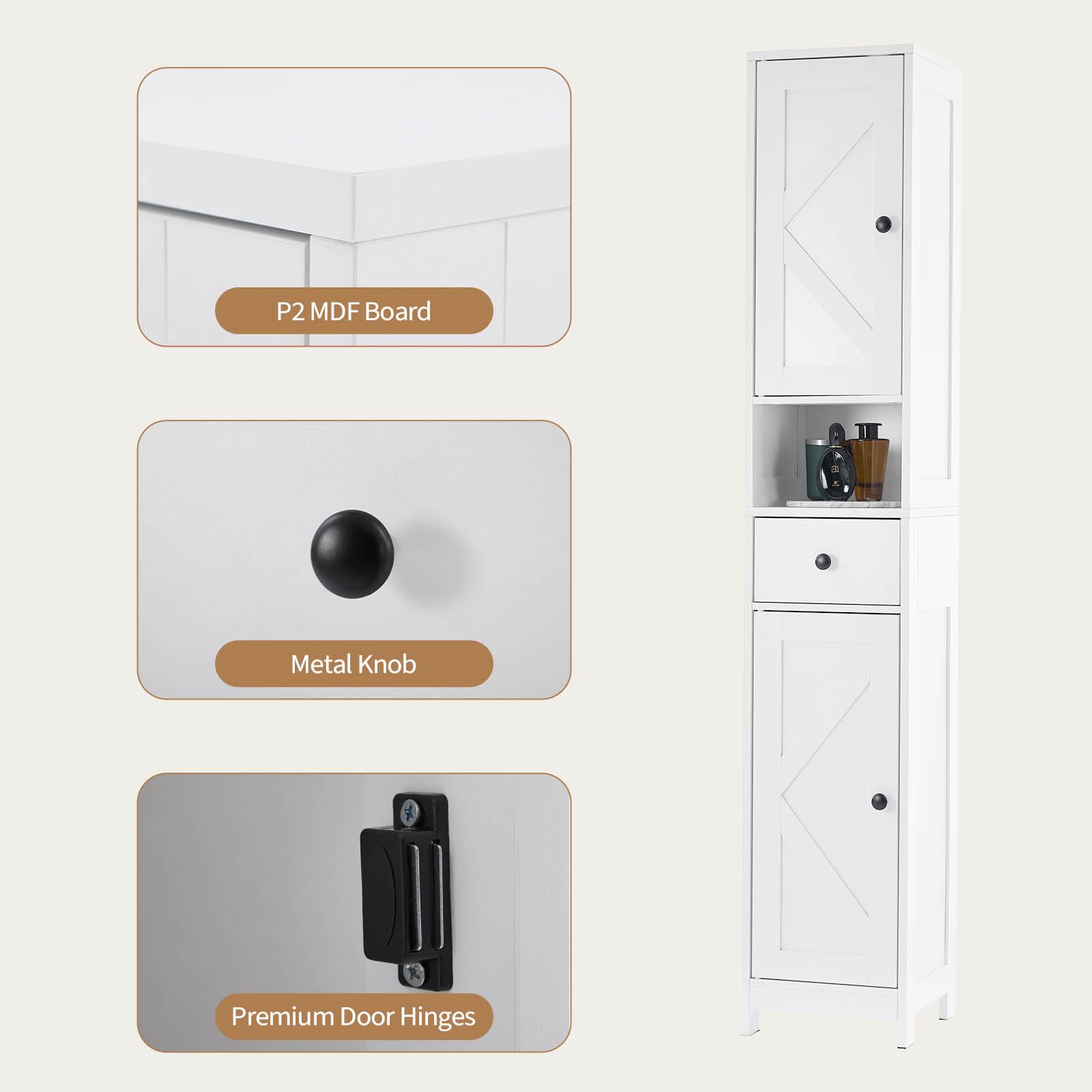 Armoire de salle de bain haute Garvee avec 2 étagères réglables, autoportante, en MDF durable, design blanc moderne, gain de place pour salle de bain et cuisine