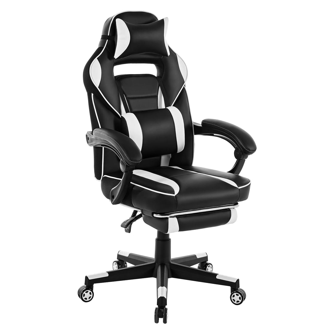 Garvee Chaise gaming ergonomique noir et blanc avec repose-pieds, appui-tête et soutien lombaire, pivotante 360°, hauteur réglable, capacité 136 kg, adulte et ado