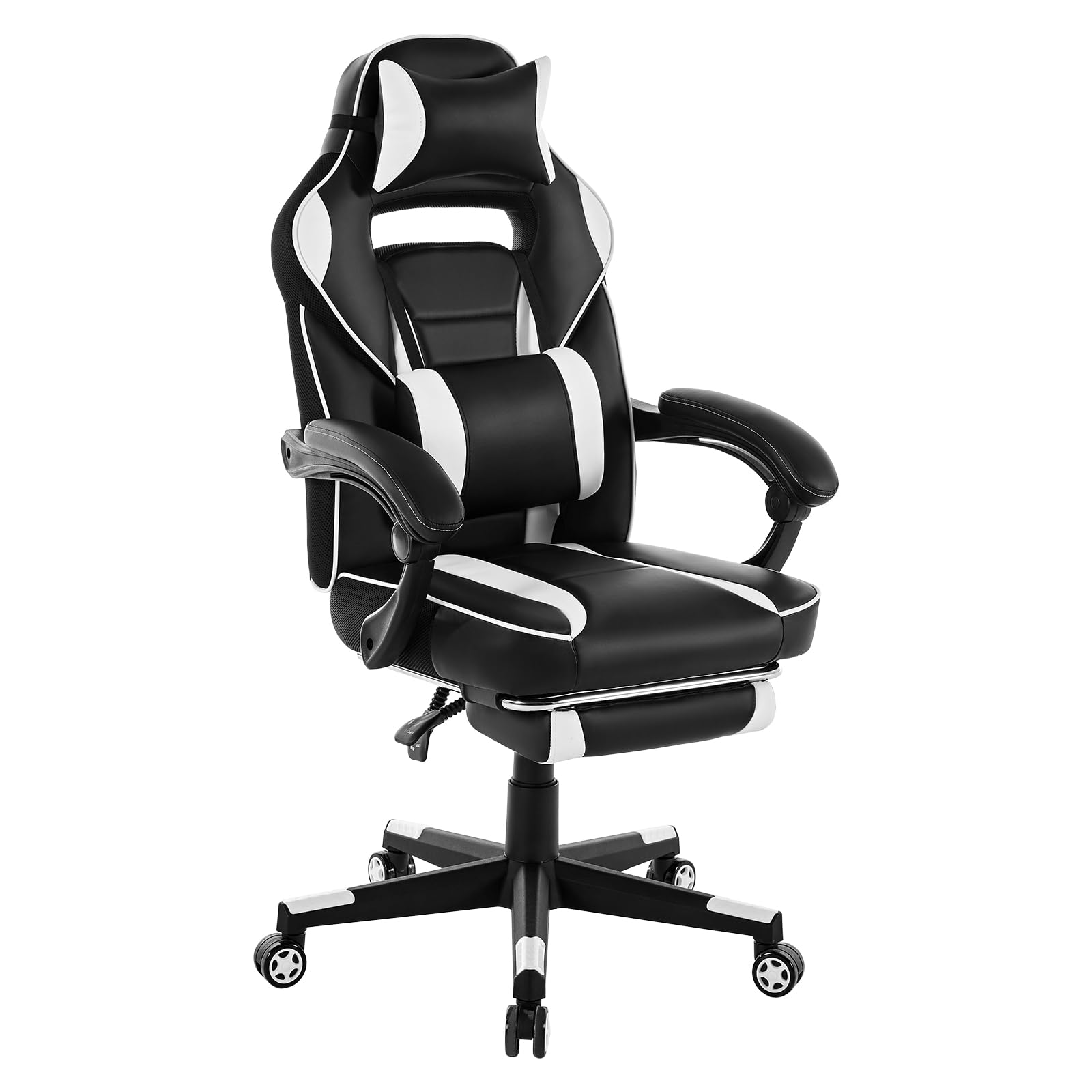 Garvee Chaise gaming ergonomique noir et blanc avec repose-pieds, appui-tête et soutien lombaire, pivotante 360°, hauteur réglable, capacité 136 kg, adulte et ado