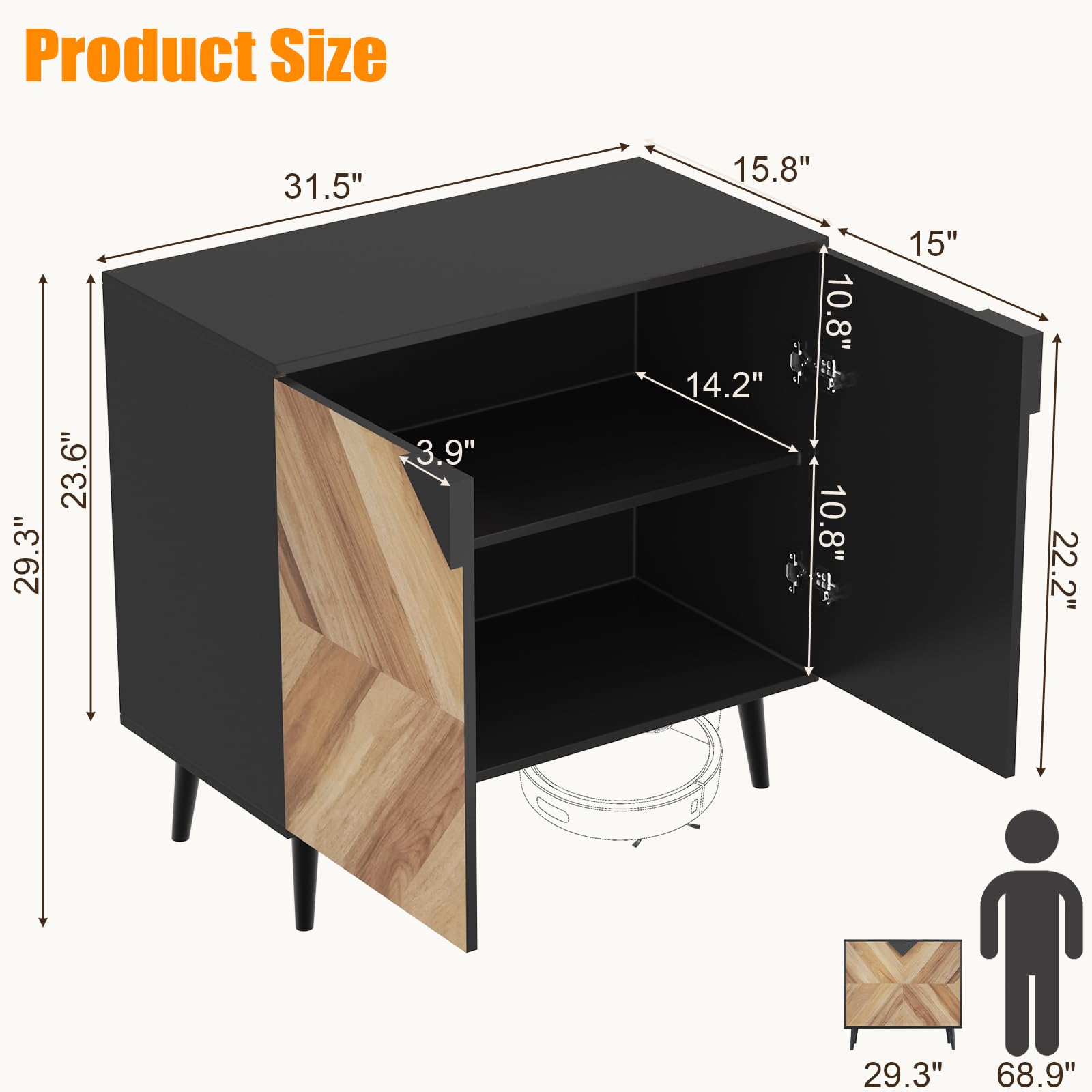Buffet moderne autoportant Garvee avec portes, aspect bois, noyer noir, 80 cm (31,5 pouces), idéal pour salle à manger ou entrée.