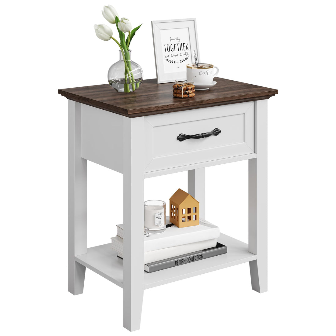 Table de chevet Garvee avec tiroir, 2 niveaux de rangement, bois, blanc, pour chambre et salon, robuste et polyvalente