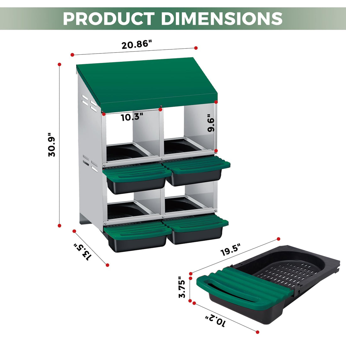 Garvee Nichoir pour Poules 4 Compartiments à 2 Niveaux, Métal Galvanisé au Zinc avec Poignée en Plastique et Plateau Amovible, Vert