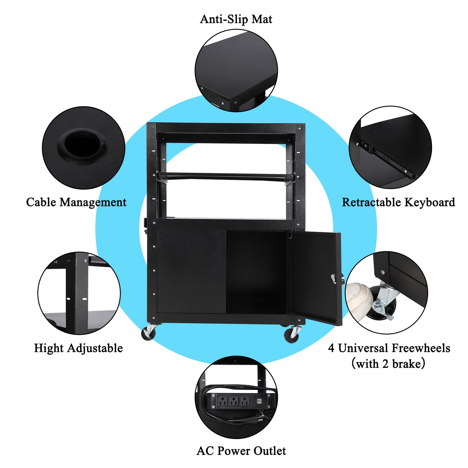 Chariot audiovisuel mobile Garvee avec verrouillage, support pour ordinateur portable réglable en hauteur, acier, roues avec freins, bureau et présentation, noir, 61-107 cm (24-42 pouces)