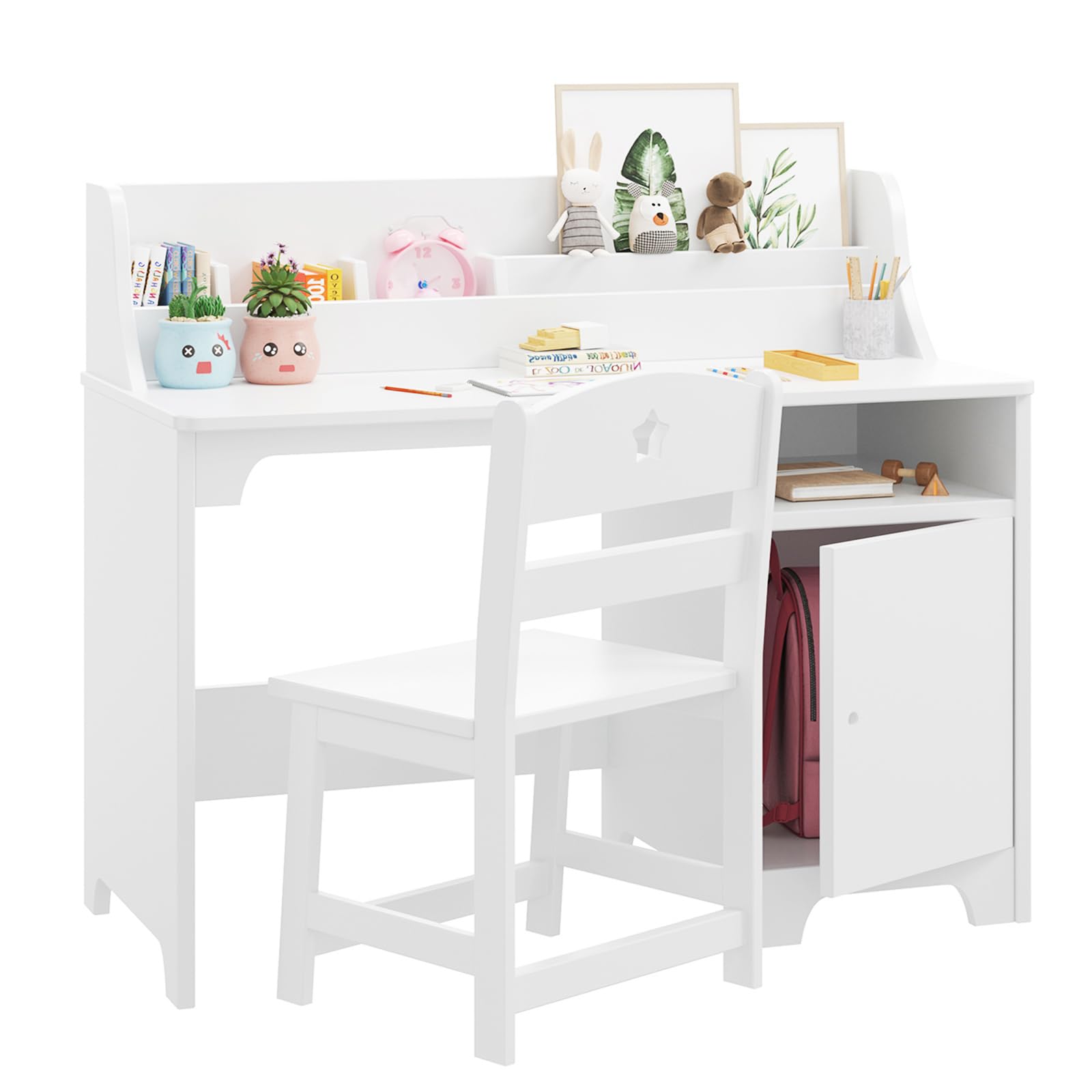 Bureau enfant Garvee blanc avec chaise, en bois, avec rangement et design ergonomique, idéal pour les chambres d'enfants de 3 à 8 ans.